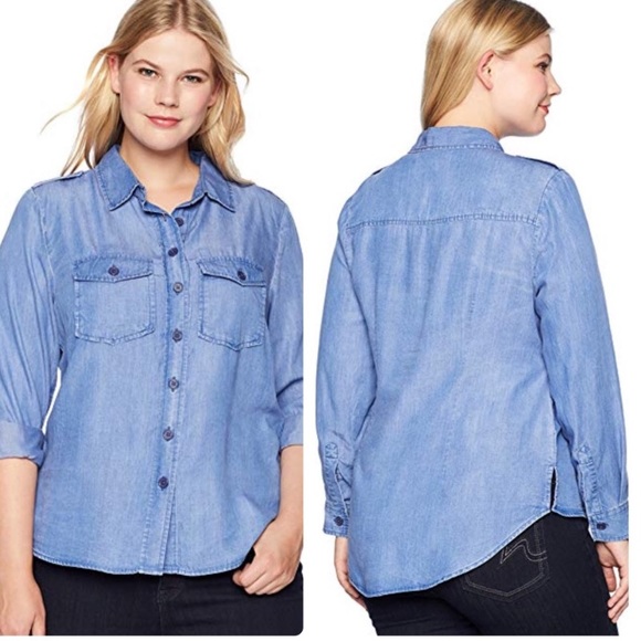 Rebel Wilson x Angels Chambray plus size Army with pockets button up shirt 1X - Picture 13 of 13